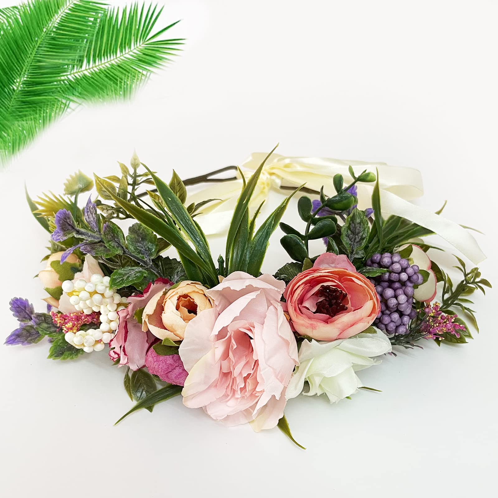 Floral Crown, Hair Wreath Crown, Wreath Flower Headband,Adjustable Multicolor Boho Halo Headpiece for Bride Women Girls Ladies Wedding Festival Holiday Christmas Halloween Party,Seaside Vacation Photo