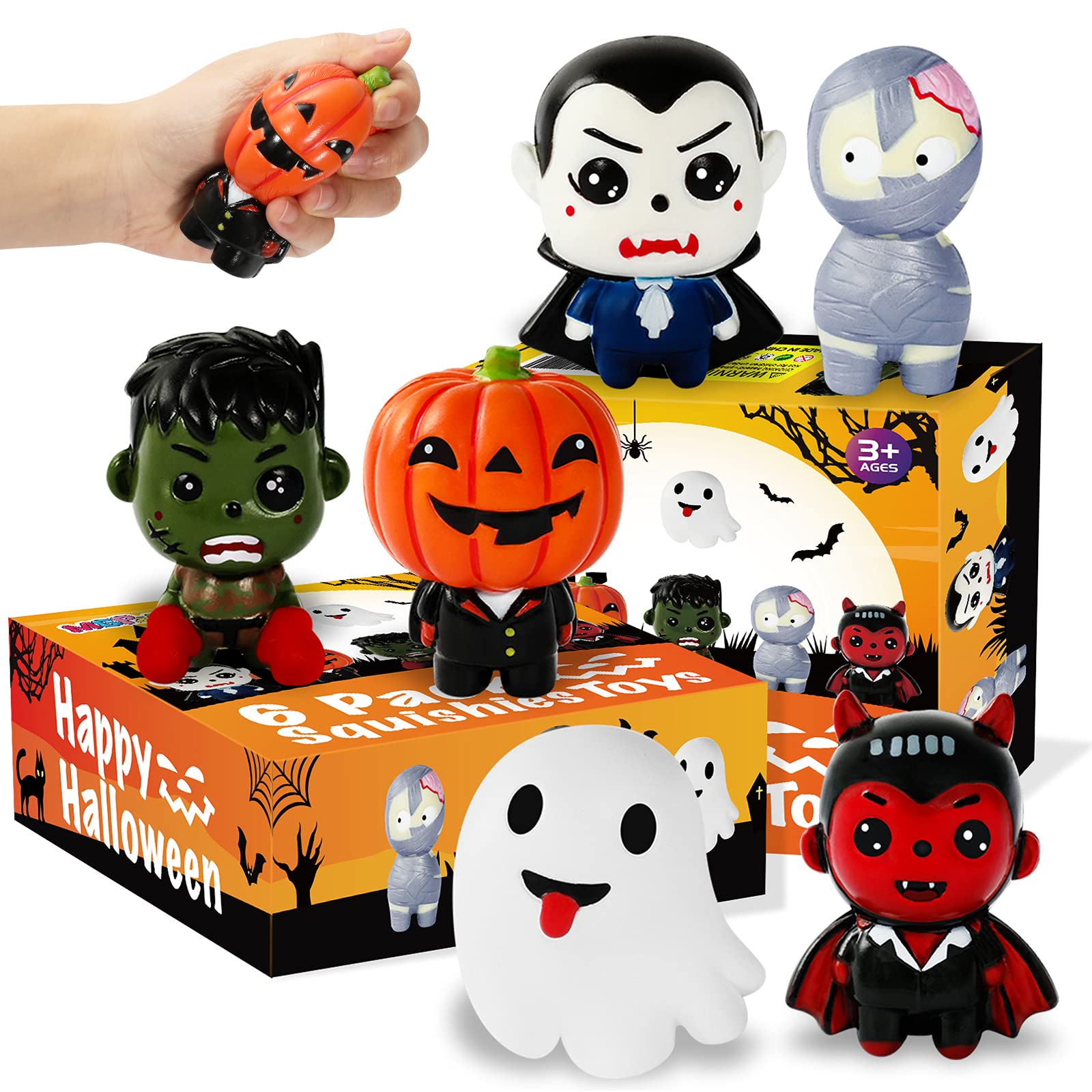 MGparty 6 Packs Halloween Squishies Toys Slow Rising Pumpkin, Ghost, Vampire, Bat, Mummy, Zombie Boy Soft Squishies Toys for Kids, Girls, Boys Halloween Treat Bag Party Favors Classroom Prizes