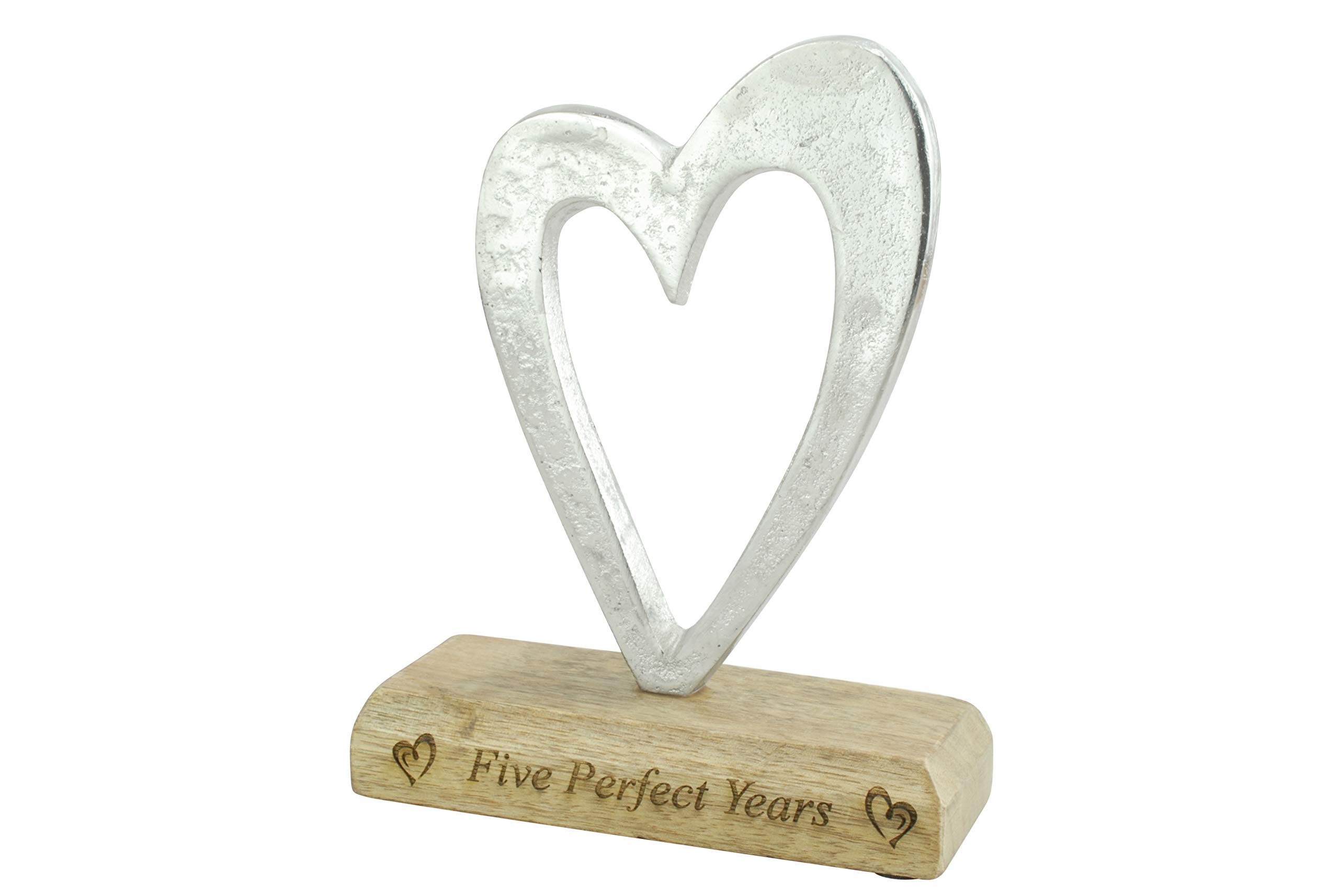 Five Perfect Years 5th Anniversary Rustic Metal Heart Decoration – Free Standing Aluminium & Wooden Decoration (hssperf-5)