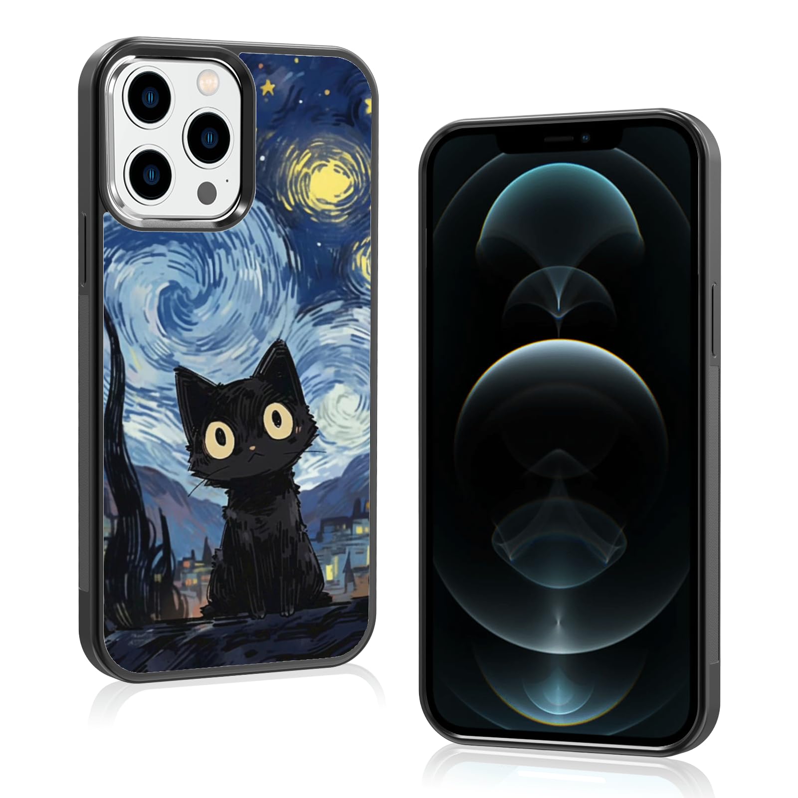 Cute Starnight Cat Phone Case, Van Gogh Cute Cat Pattern iPhone 12 Pro Max Case, Non-Slip Design and Shock Absorption, Phone Case for Teen Girls, Boys, Women and Men(iPhone - 12 Pro Max)