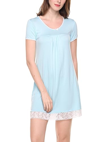 Unibelle Damen Nachthemd Kleid Nachtwäsche Negligees Kurzarm Mit Spitzenbesatz