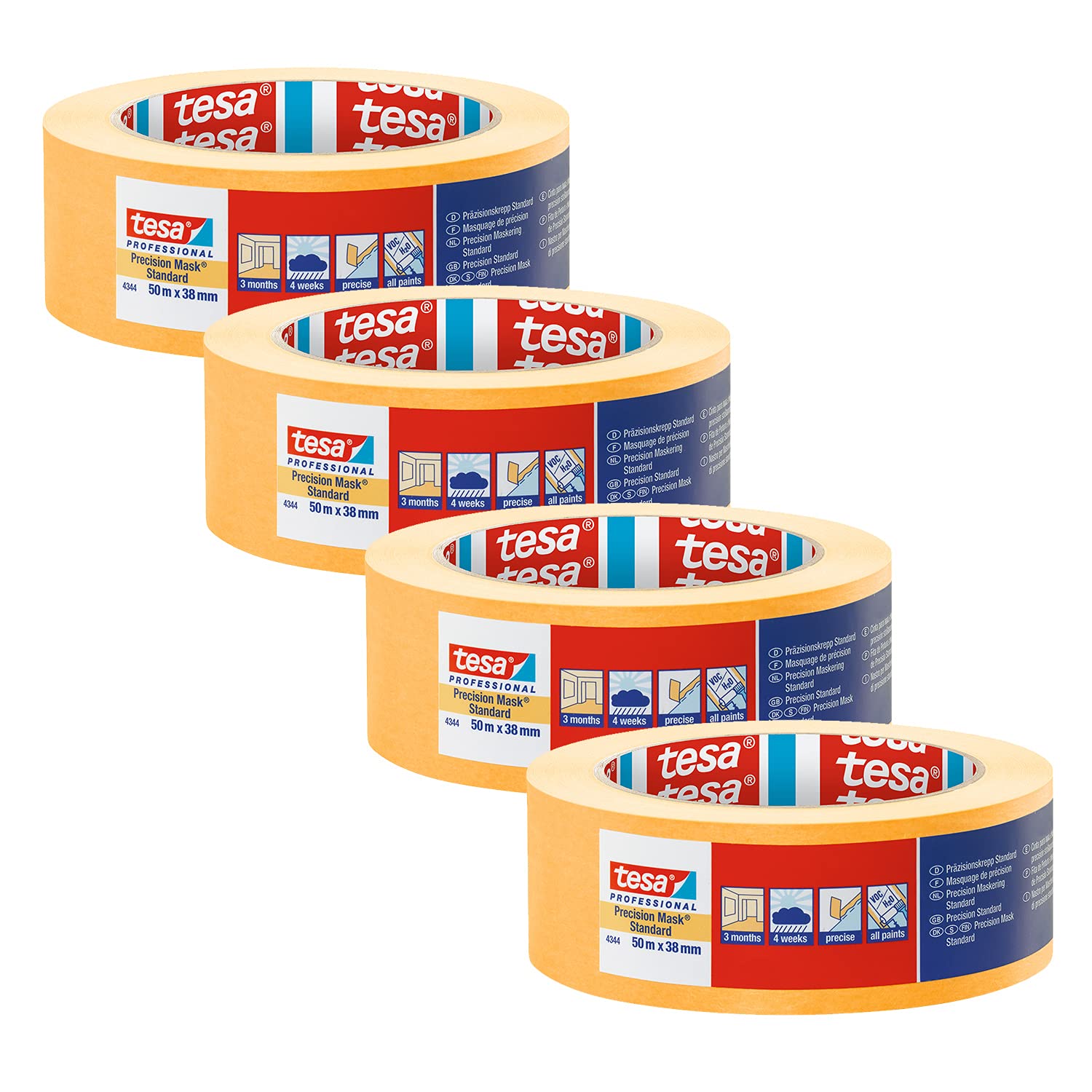 tesa Precision Masking Tape 4344 Standard Pack of 4 Professional Masking Tape with Thin Paper Backing for Precise Masking and Covering Orange 50 m x 38 mm Each