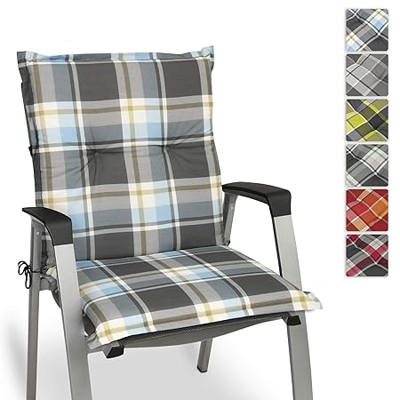 Beautissu Sunny BK Niedriglehner Auflage für Gartenstuhl 100x50 cm in Blau Kariert - Bequemes Sitzkissen Polsterauflage UV-Li