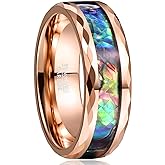 Vakki 8mm Abalone Shell Tungsten Rings for Men Women Black/Silver/Rose Gold Wedding Bands Faceted Edge Comfort Fit Size 5-14