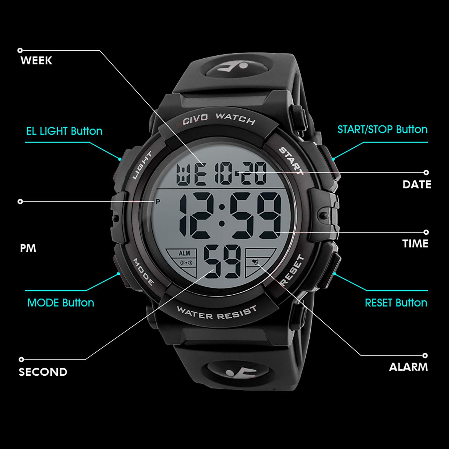 Mens Digital Sports Military Watches Big Numbers 50M Waterproof Simple