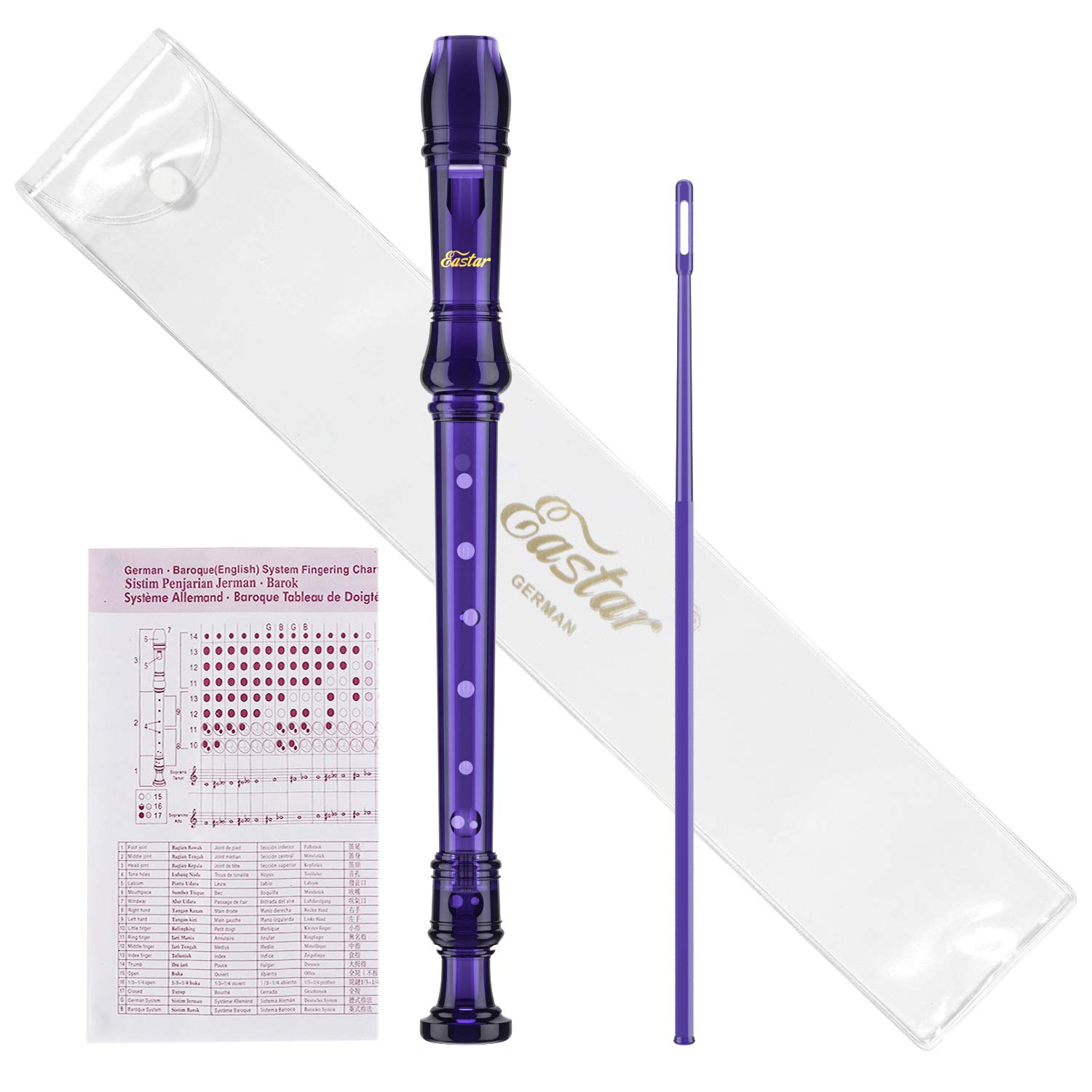 Eastar Soprano Recorder Instrument for Kids Students Beginners, German fingering C Key with Cleaning Kit, Storage Bag, Fingering Chart, ERS-1GPu, Purple, School-Approved