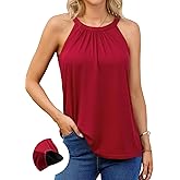 V FOR CITY Women's Halter Tank Top with Built in Bra Flowy Pleated Camisole Top Summer Sleevless Cami Shirt