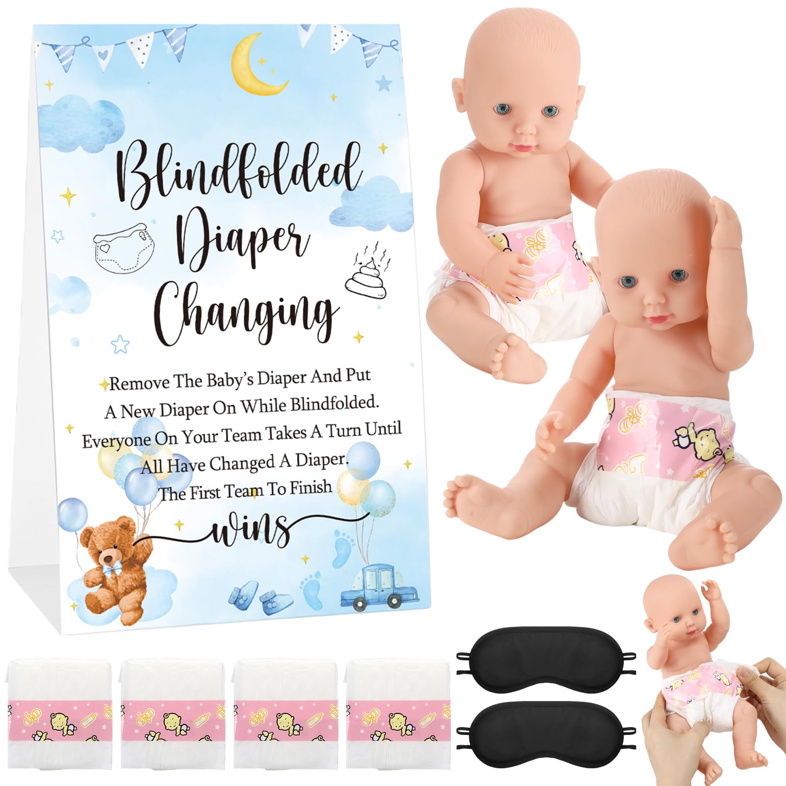 Photo 1 of Lineshading 9 Pcs Baby Shower Game Supplies for Blindfold Diaper Changing Baby Dolls with Blindfolds Diapers Baby Changing Diaper Race Game Set for Baby Shower (Blue,Bear)