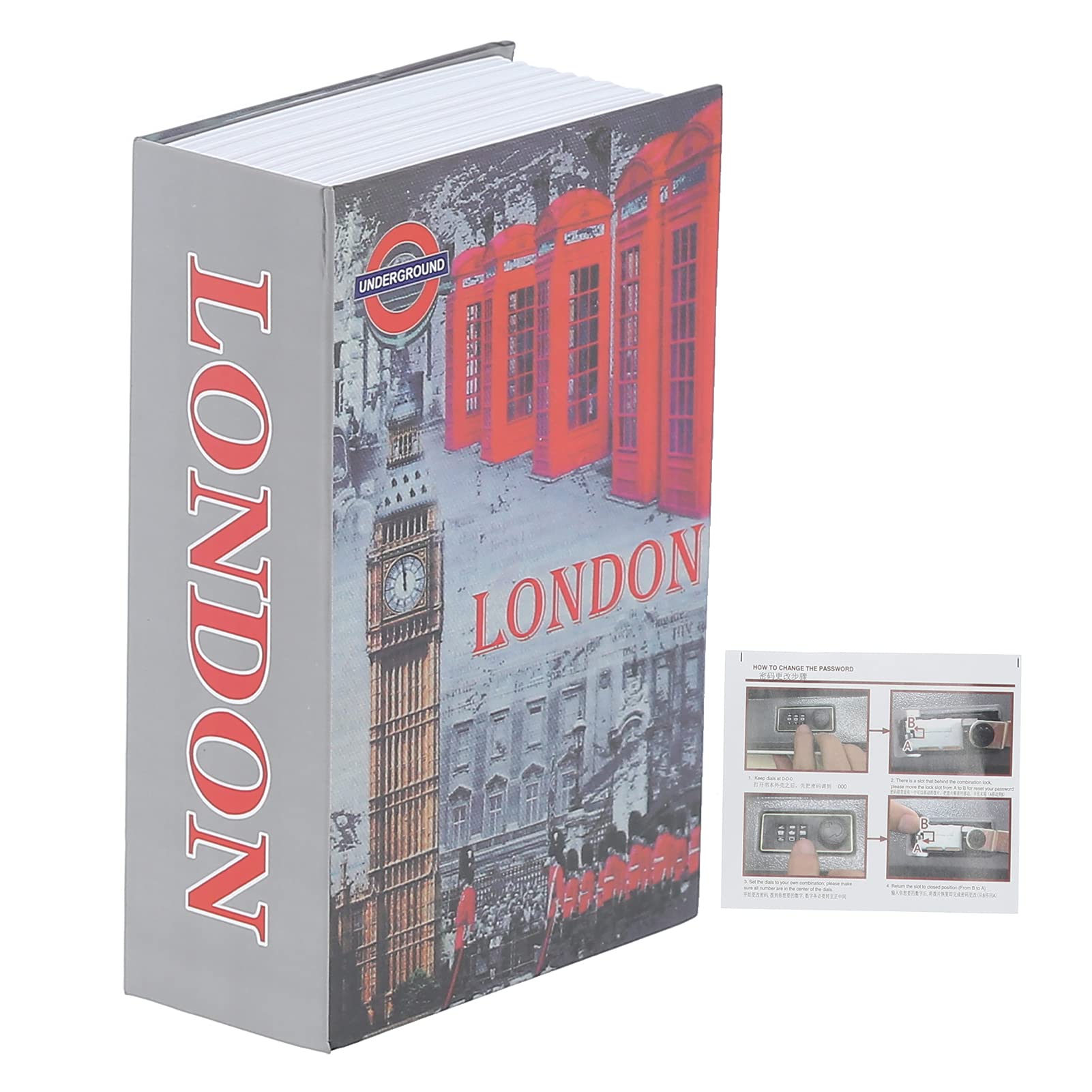 Diversion Book Safe, Book Safe with Combination Lock, Secret Hidden Metal Lock Box, Fake Book Money Safe Box, 7.1 x 4.6 x 2.2in, for Money, Jewelry Documents or Valuables, London