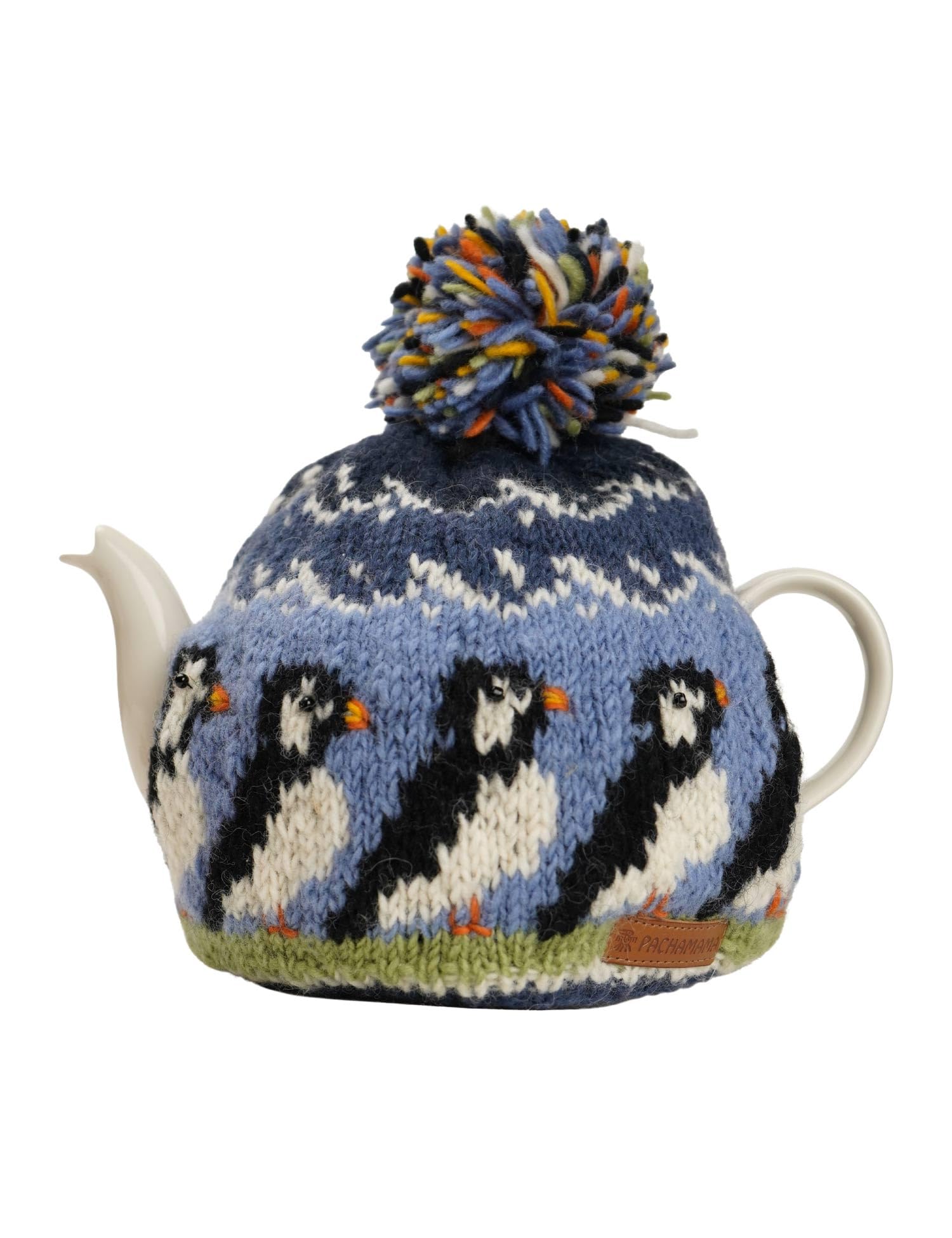 Pachamama Handknitted Medium 4-6 Cup 1.2L Wool Tea Cosy/Teapot Cover - Puffin Pattern Insulated Handmade Fair Trade Multicoloured