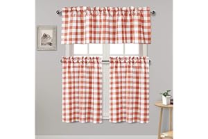 Hiasan 3 Piece Semi Sheer Kitchen Curtains Light Filtering Buffalo Checkered Tier and Valance Window Curtains Set, Pumpkin Orange, 60 W x 18 L (1 Panel) + 29 W x 36 L (2 Panels)