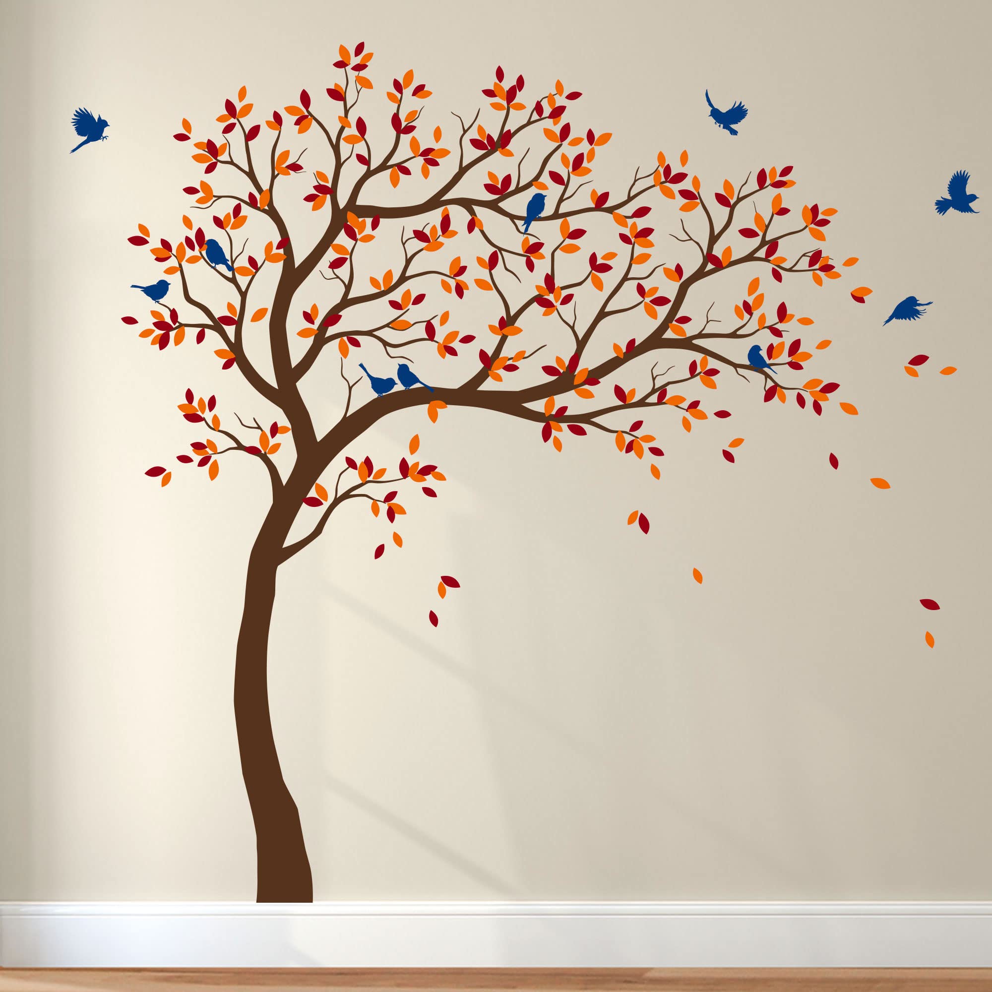 Large Tree Wall Decals Wall Tattoo Large Nursery Tree Decals Wall Mural Removable Vinyl Wall Sticker (Leaning Right, Brown; Light Orange; Dark Red; Blue)