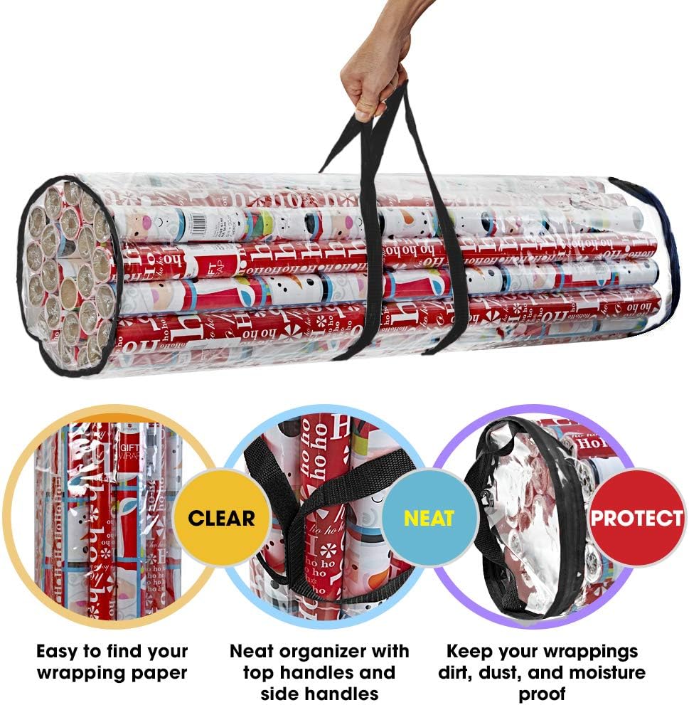 ProPik Christmas Gift Wrapping Paper Storage Organizer Bag, Store Up to 24 Rolls 40 Inch, Heavy Duty PVC Clear Bag with Handles and Zippered Top Wrap and Ribbons (Black): Home & Kitchen