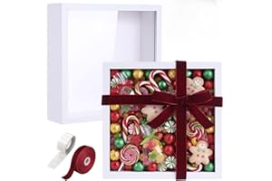 BrightRow 8 x8 Christmas Shadow Box Frame Display Case Kit, DIY White Xmas Gift Box with lids deep glass case with Red Velvet Ribbon Glue Points for Gift Wrapping Craft Memorabilia Flower Photo