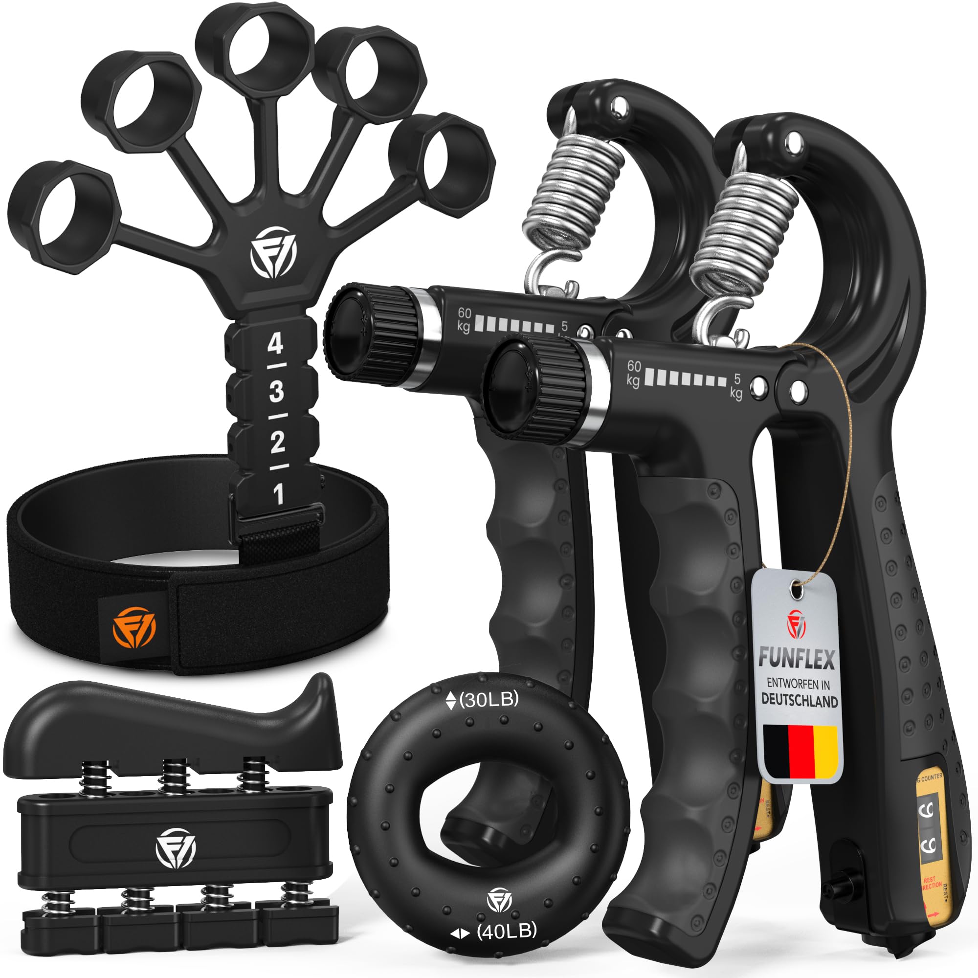FUNFLEX Handtrainer Fingertrainer, Verstellbares Griffkraft Trainer Set -5-Teilig- Unterarmtrainer, Fingerstrecker Neopren Handgelenk Band - Finger Grifftrainer - Grip Ring, Hand & Unterarm Training
