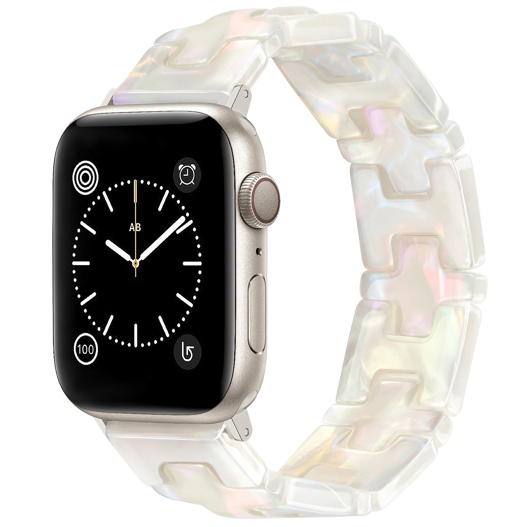 Photo 1 of JR.DM Resin Stretchy White Tortoise Fancy Beaded Bracelet Light Watch Band Women Compatible with Apple Watch Band 42mm(S3/2/1) 44mm 45mm 46mm 49mm Strap for iWatch Series 10/9/8/7/6/5/4/3/2/1/SE/Ultra
