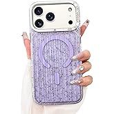 SAKULLO for iPhone 17 Pro Max Case Clear Glitter, Sparkly Bling Magnetic Cover Compatible with Magsafe Transparent Shockproof Heavy-Duty Protection for Girls Women 6.9inch, Purple Glitter