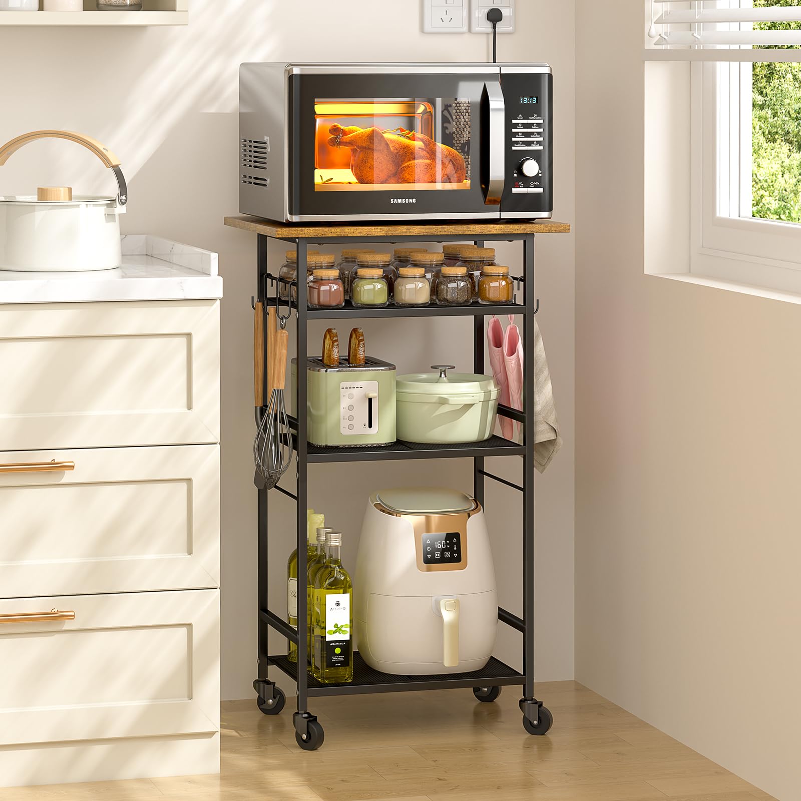 ThreeHio Rolling Kitchen Microwave Cart, 4 Tier Microwave Table Stand with Storage, Kitchen Storage Rack on Wheels, Coffee Station Cart Rack Shelf Organizer for Living Room Office, Balcony