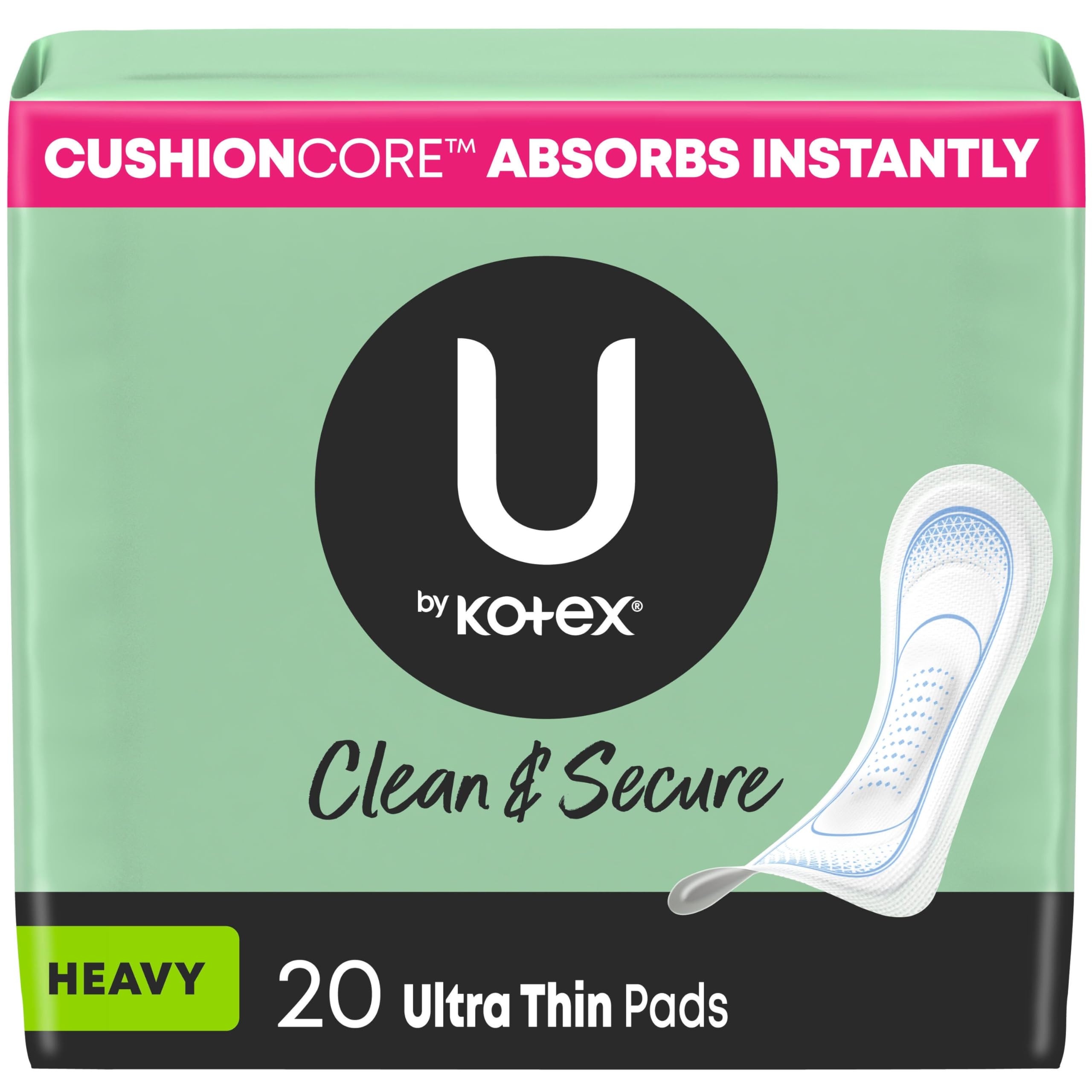 Photo 1 of U by Kotex Ultra Thin Pads, Clean & Secure, Heavy Absorbency, 20 Count (Packaging May Vary)