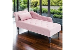 Linyuanwai Chaise Lounge Chair Indoor, Upholstered Velvet Lounge Sofa Buttons Tufted Nailhead Trimmed with Rolled Arm and 1 Pillow Modern Leisure Recliner Sleep Sofa for Living Room Bedroom (Pink)