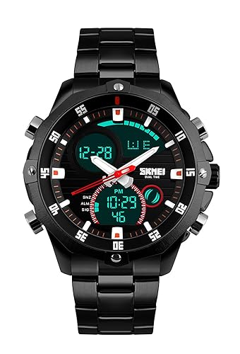 Dual Time Quartz Movement Digital-Analogue Black Dial Stainless Steel Strap Watch