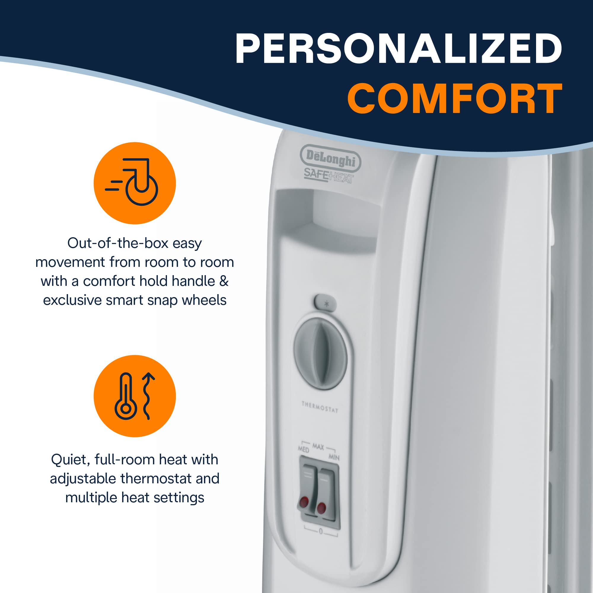 DeLonghi 1500W Oil Filled Radiator Space Heater Quiet, Portable