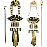 Geosar 10 Pcs Halloween Egyptian Costume Accessory Set, Include Pharaoh Hat, Snake Beaded Headpiece, Egyptian Queen Staff, Cobra Cane, 2 Belt, 2 Collar and Wristbands for Women Men