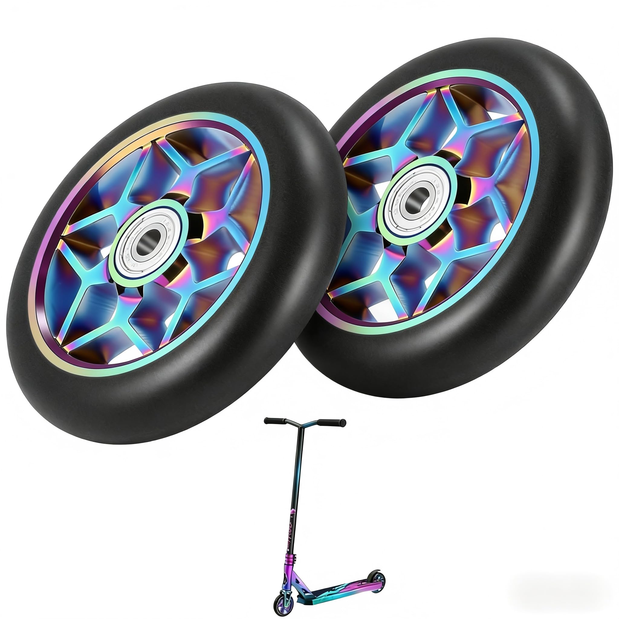 2 Pcs Colorful Stunt Scooter Wheels, 110mm Pro Stunt Scooter Spare Wheels (With Bearing),Replacement PVC Roller Wheel,Colorful Alloy Series for Scooters