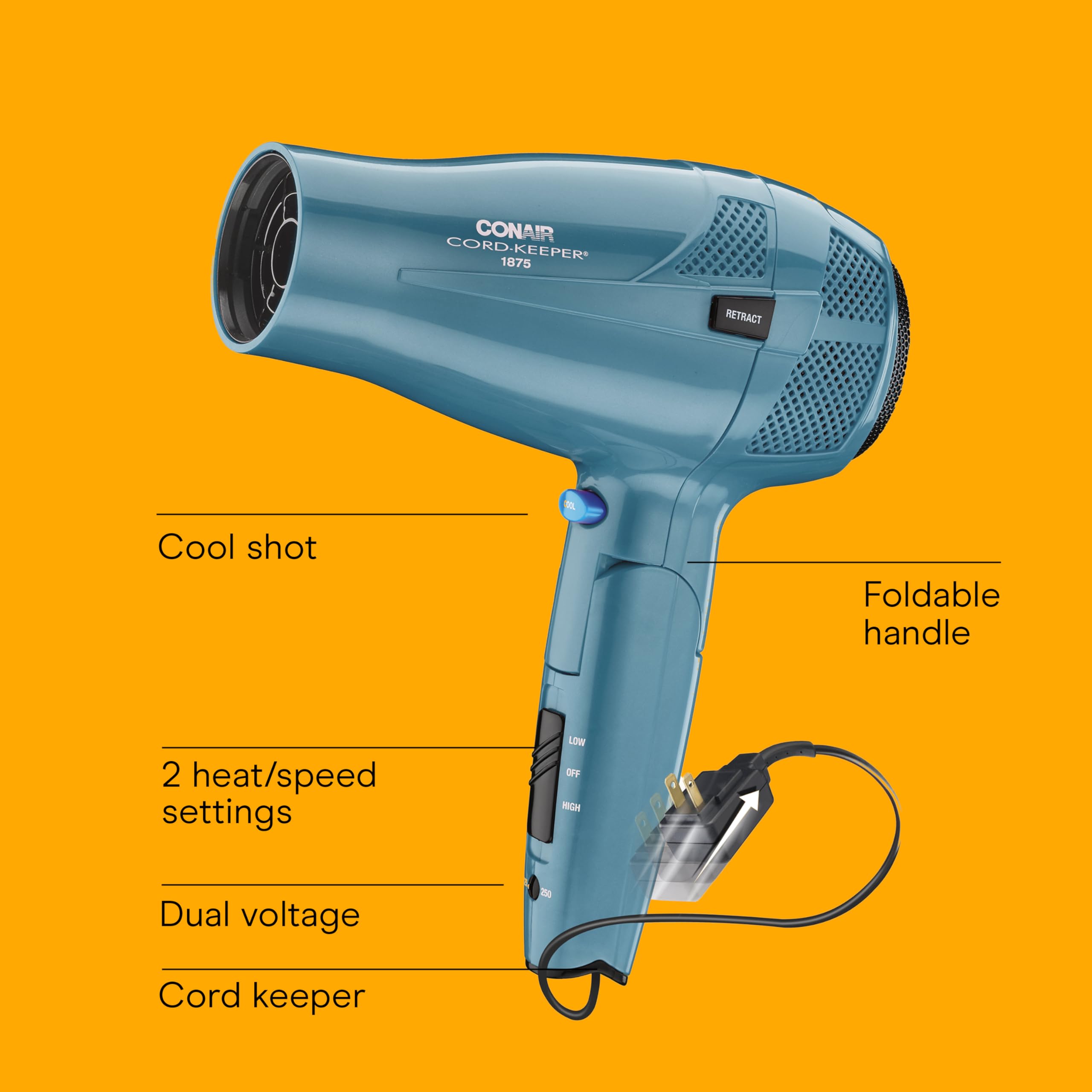 Conair Cord-Keeper Dryer with Folding Handle and Retractable Cord, 1875W Travel Hair Dryer, Ionic Technology, Teal