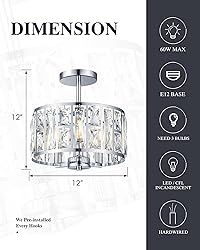 Semi Flush Mount Ceiling Light, 12 Inch Crystal