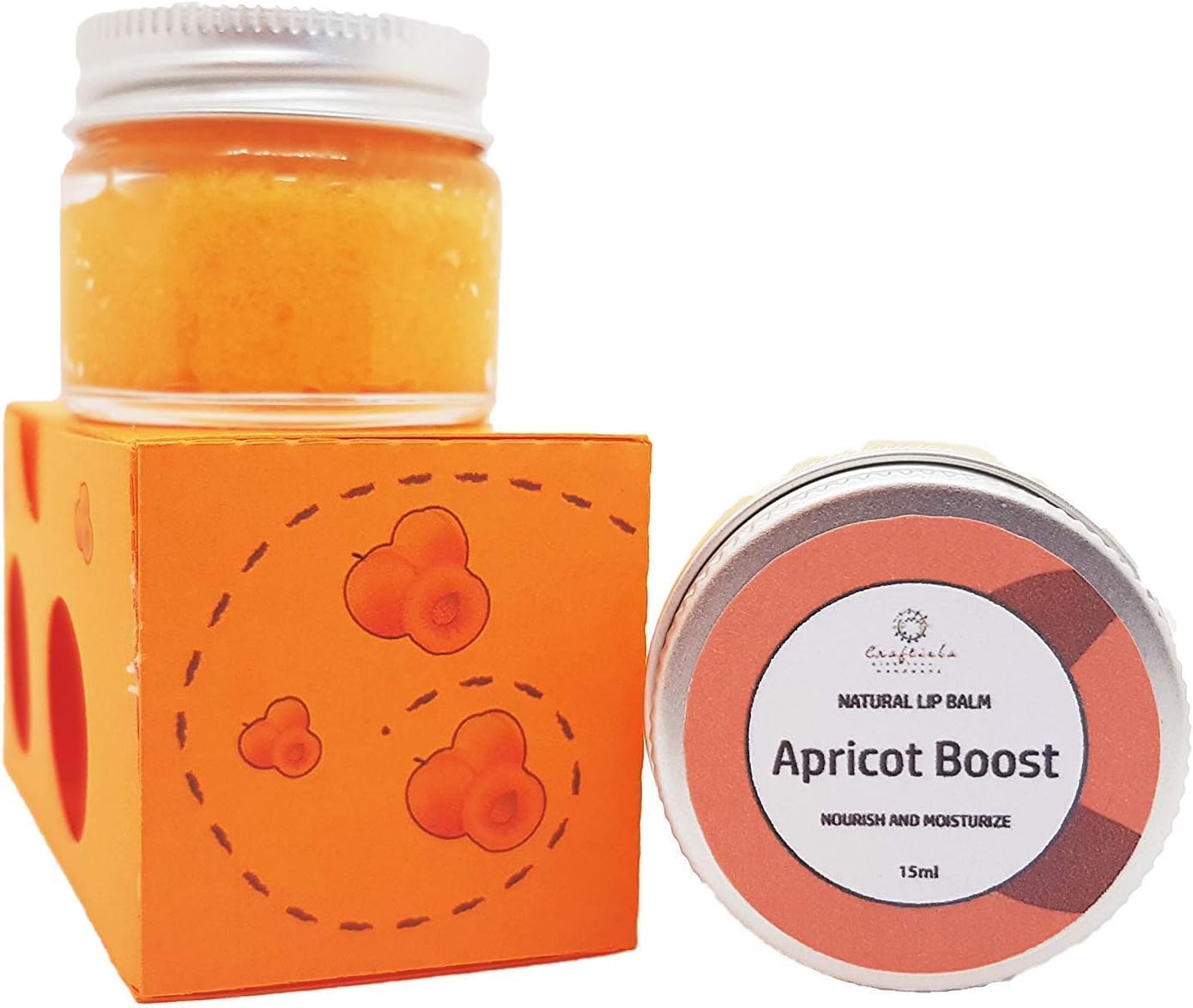 Craftiela Organic Lip Balm Set And Lips Scrub Apricot Flavour With Food Graded Ingredients, Sweet Almond Oil, Organic Coconut Oil, Natural Food Colouring, Organic Beeswax Lip Balm
