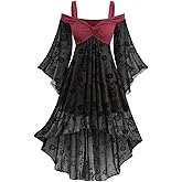 DRESSFO Women's Asymmetrical Twist Midi Dress – Cold Shoulder Glitter Floral Dress with Flare Sleeves