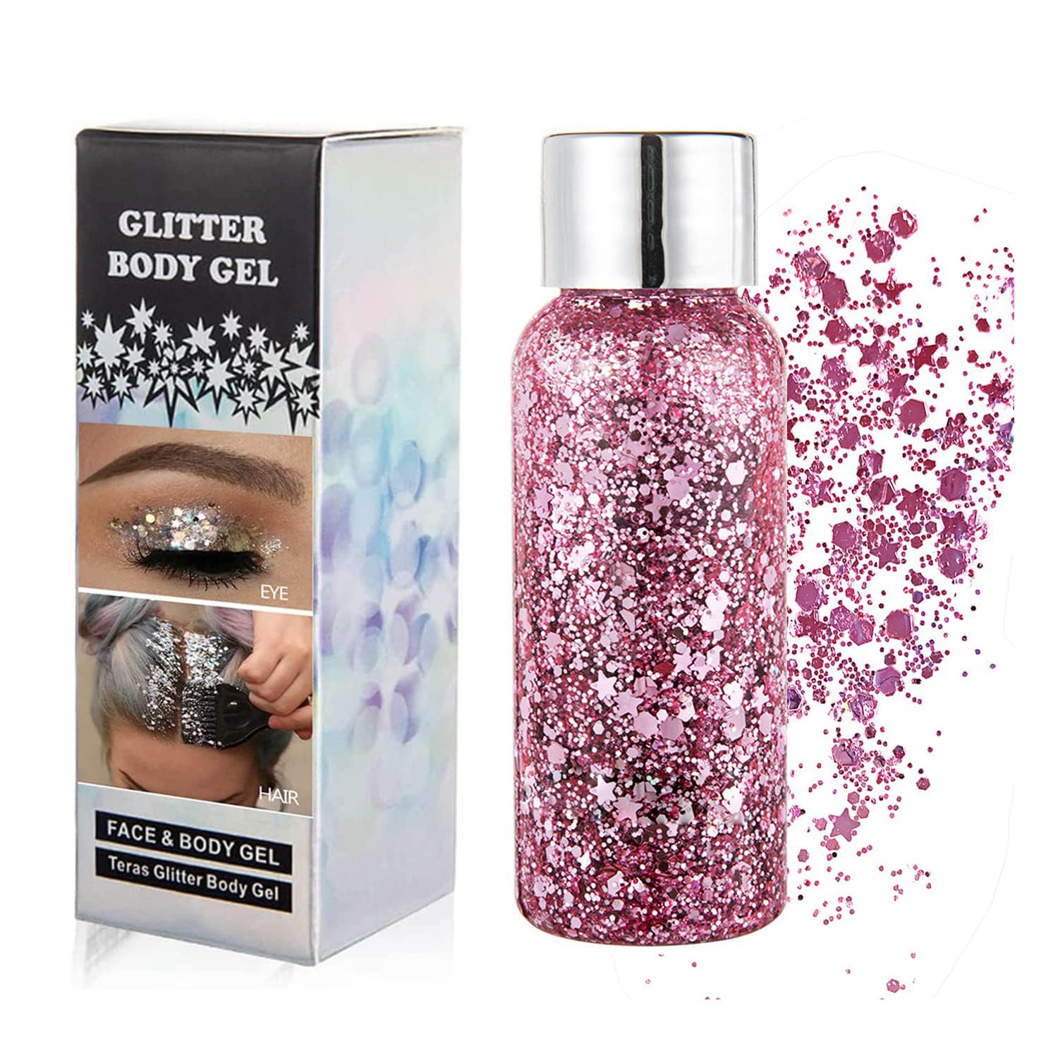 GL-Turelifes Chunky Face Body Glitter Gel Festival Mermaid Hair Sequins Cosmetics Sparkling Nails Glitter Makeup Long Lasting 30g(03# Pink)