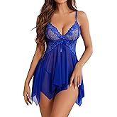Tupdmiyl Nightgowns for Women Sexy Open Front V Neck Mesh Lace Wireless Babydoll Lingerie for Women with Thong 2 Pieces