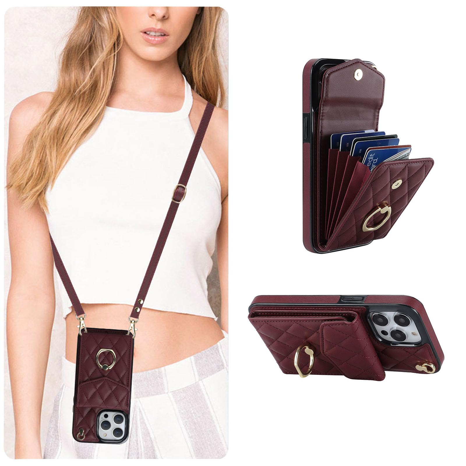 QLTYPRI Crossbody Wallet Case for iPhone 13 Pro Max, PU Leather Phone Case with RFID Blocking Card Slots Holder Ring Kickstand Wrist Strap Lanyard Handbag Purse Cover for iPhone 13 Pro Max – Wine Red