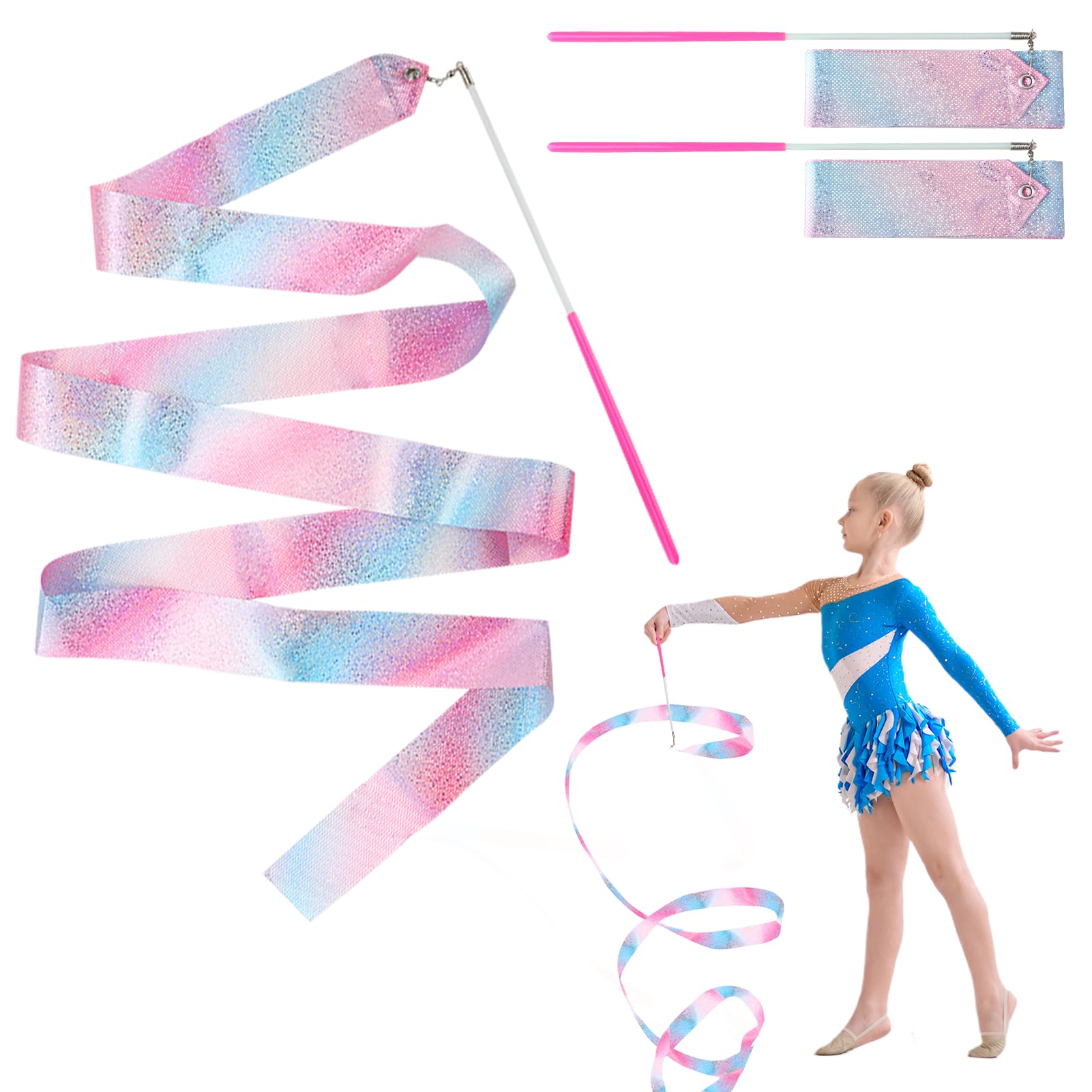 nllkii 2 Pcs Flashing Dance Ribbons with Pink Wand, 78.7 Inch Gymnastics Ribbon Dancer Wand Dancing Ribbon Streamers for Kids, for Talent shows, Artistic Dancing, Baton Twirling