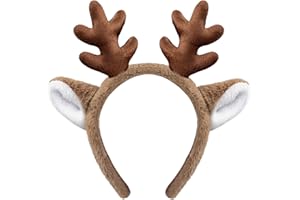Dolkoic Reindeer Antlers Headband Halloween Deer Ears Headbands Fluffy Animal Deer Antlers Headband Christmas Party Cosplay