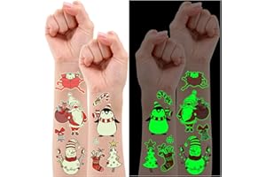 Partywind 10 Sheets Luminous Christmas Temporary Tattoos for Kids Stocking Stuffers, Christmas Party Decorations Supplies Favors for Birthday, Xmas Holiday Stickers Games Toys for Boys Girls