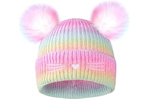 POP YOUR DREAM Girls Rainbow Pompom Beanies Hats, Embroidered Cat Knit Beanie Hat for Kids Snow Ski Skull Cap Age 3-14