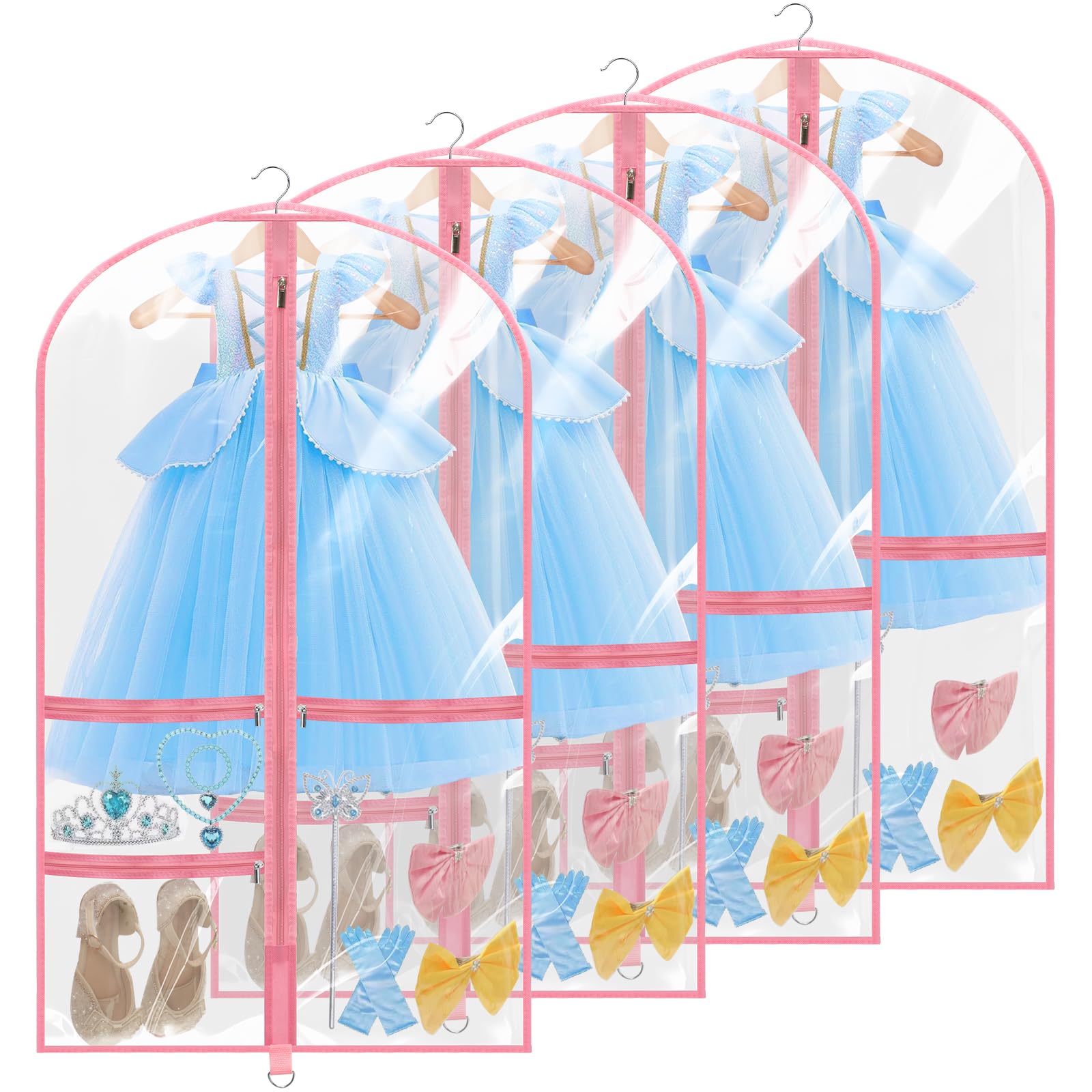 4 Pack Dance Garment Bags, 40" Clear Dance Costume Bags with 3 Pockets, Kids Garment Bags for Hanging Clothes Suit for Travel, Dance Competition and Closet Storage (Pink)