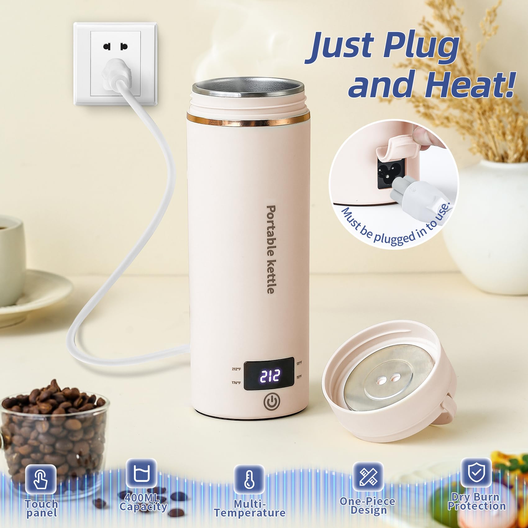 Travel Electric Kettle Portable Mini Kettle,Small Hot Water Boiler with 4 Temperature Settings,304 Stainless Steel,Fast Boiling Water with Auto Shut-Off and Boil Dry Protection (Beige, 400ML) - Image 2