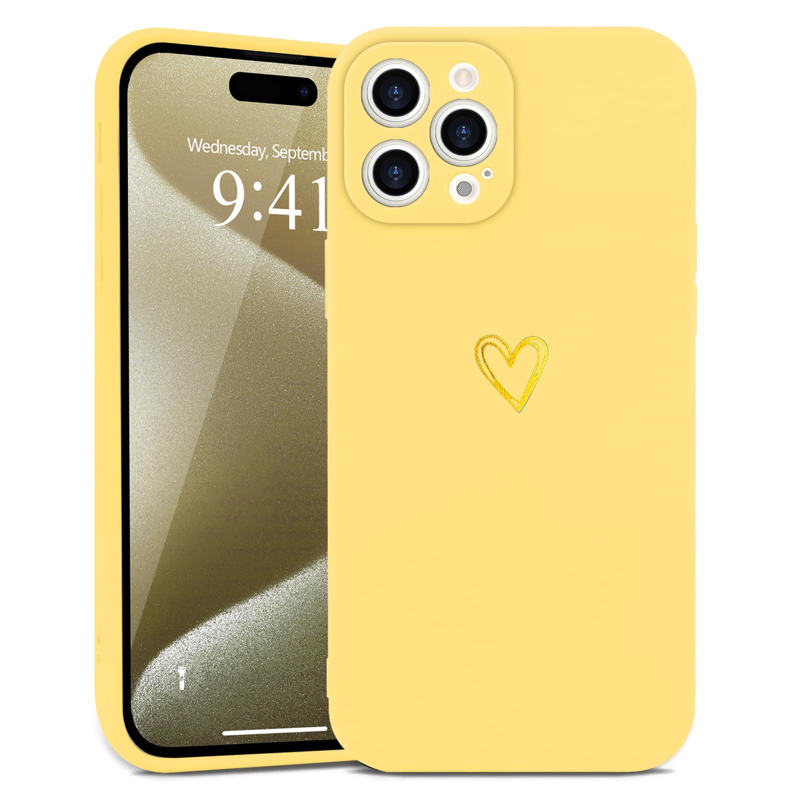 Wirvyuer for iPhone 15 Pro Case Cute Heart Pattern Soft Shockproof Protective Silicone Phone Case for Women Girls, Yellow — image 1