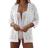 SHEWIN Women Summer 3/4 Sleeve Crochet Coverup Open Front Beach Cover Ups 2026
