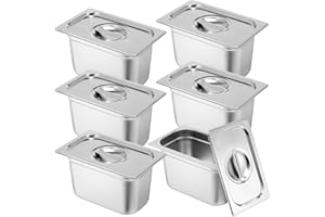 Thenshop 6 Pack Stainless Steam Hotel Pan with Lid Deep Steam Table Pan Reusable Anti Rust Water Restaurant Supplies for Home Party Buffet(10.43 x 6.38 x 5.91 Inches Pans,1/4 Size Lids)