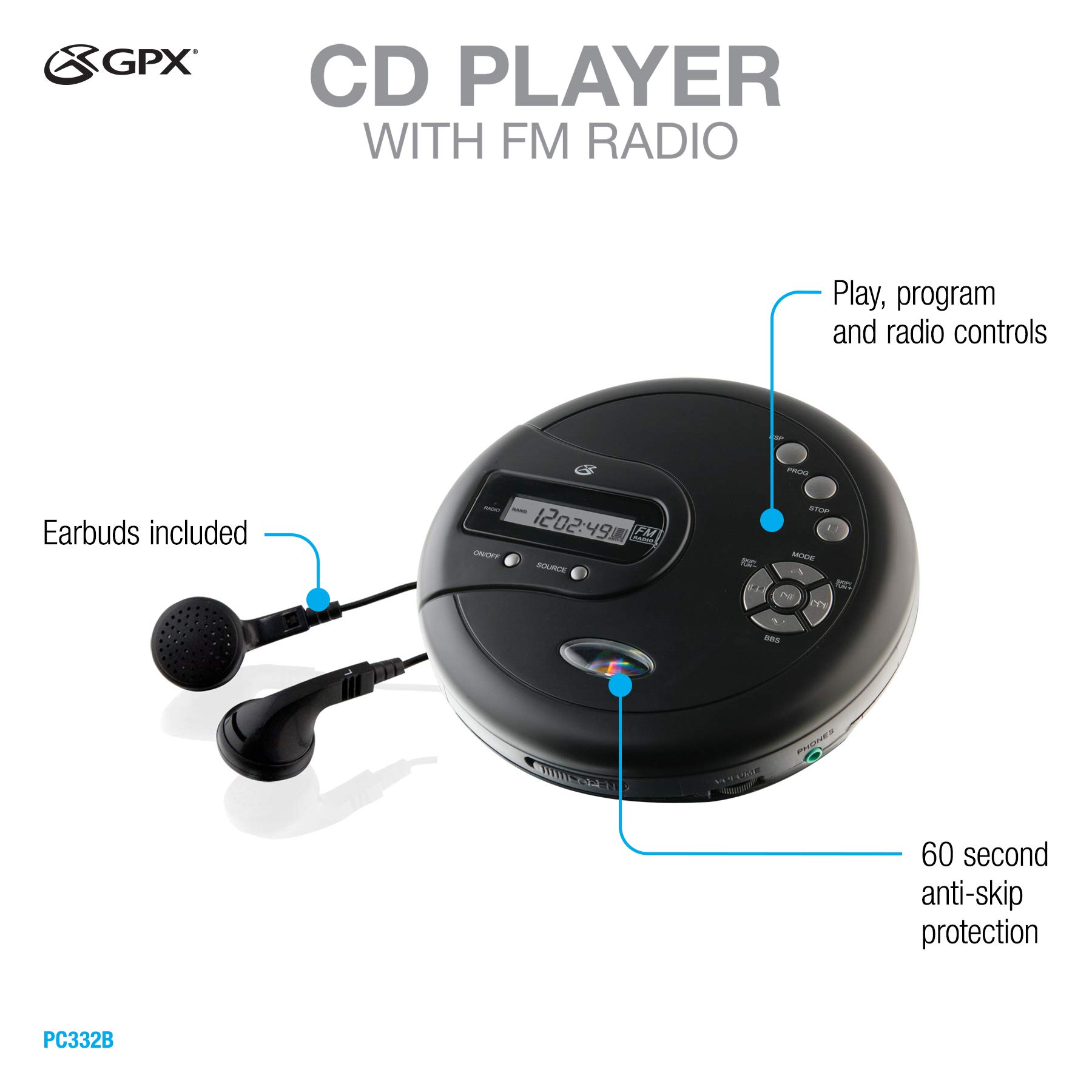 GPX PC332B Portable CD Player with AntiSkip Protection, FM Radio and