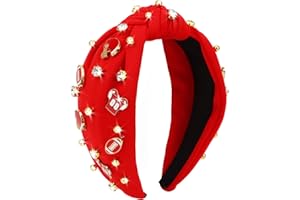 Brimekichio Football Headband Red Top Knot Beaded Jeweled Cute Headbands Football Mom Accessories Essentials Red