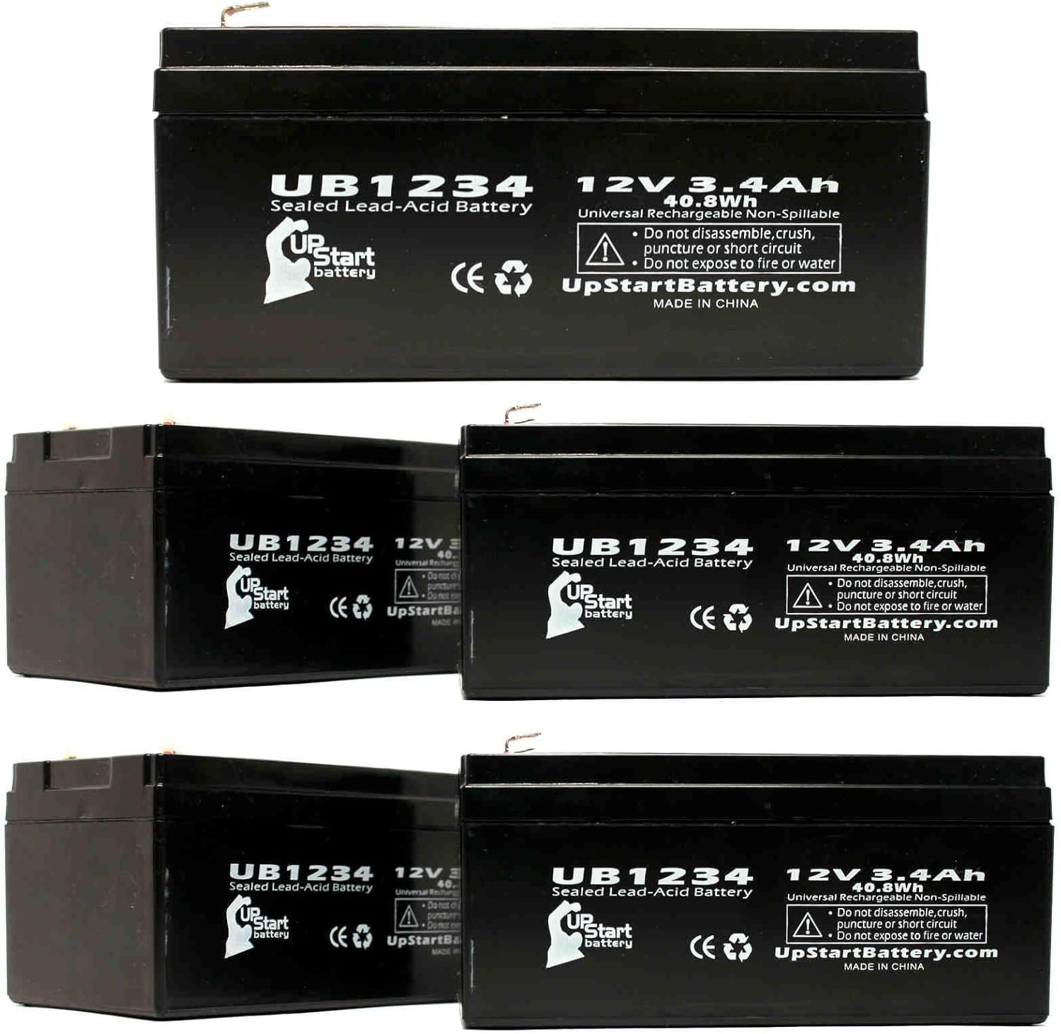 5-Pack UB1234 Universal Sealed Lead Acid Battery (12V, 3.4Ah, F1 Terminal, AGM, SLA) Replacement - Compatible with Honeywell 5000, Cyberpower CP425SLG, CP425G, APC Back-UPS ES BE350G