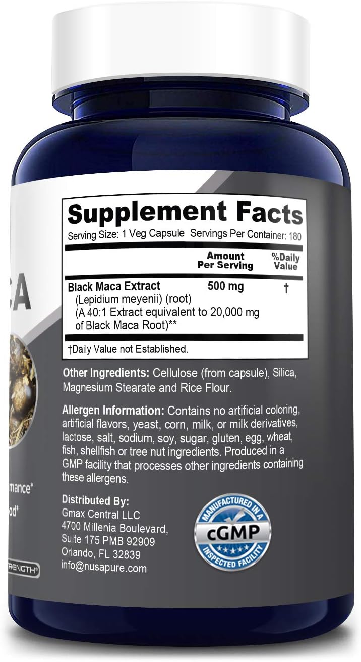 Black Maca Root 20000mg 180 Veggie Capsules (Vegetarian, Non-GMO, Gluten Free) Max Strength, Maca Root Extract Supplement from Peru - Support Reproductive Health: Health & Personal Care