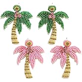 2 Pairs Beaded Palm Tree Earrings Set for Women, Handmade Beads Luau Green Pink Coconut Tree Dangle Earrings for Beach Summer Hawaii Holiday Jewelry Gift