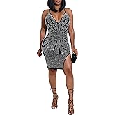 PORRCEY Women's Sexy Elegant Rhinestone Mesh See Through Dance Party Club Night Out Bodycon Mini Dress